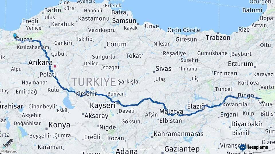 Düzce Muş Arası Kaç Km - Yol Haritası