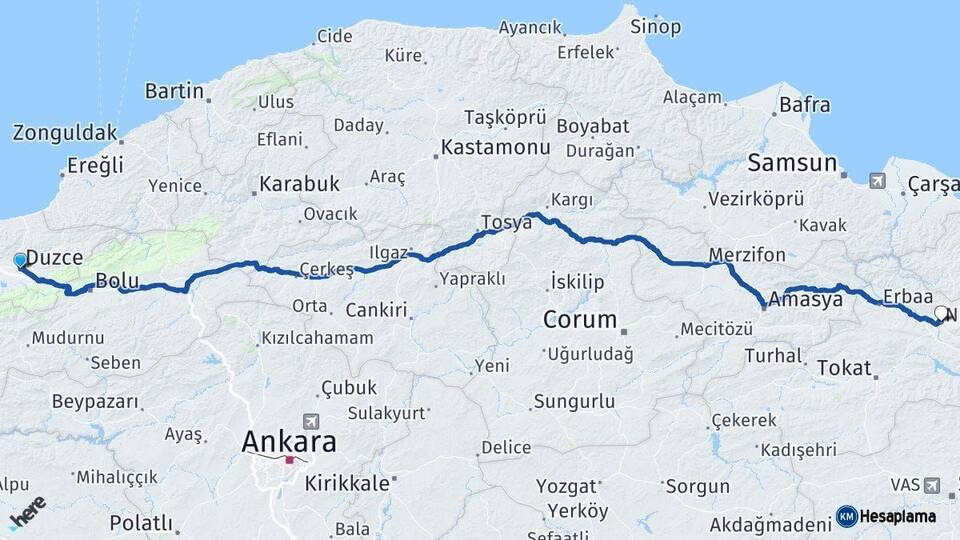 Düzce Niksar Tokat Arası Kaç Km - Yol Haritası