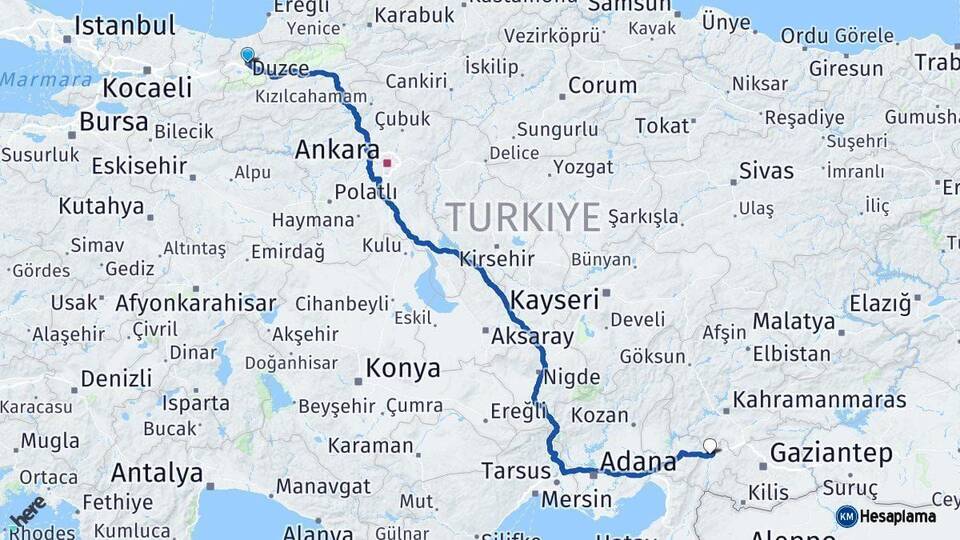 Düzce Nurdağı Gaziantep Arası Kaç Km - Yol Haritası