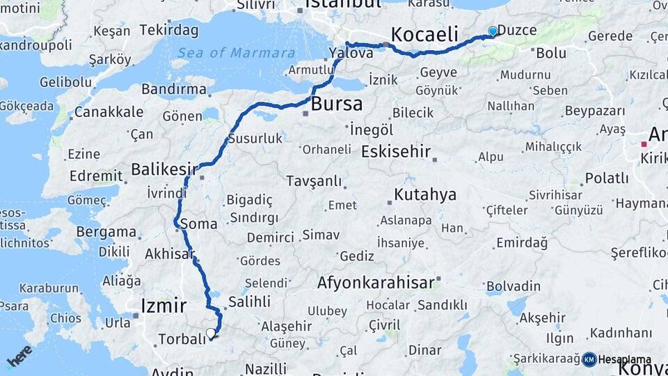 Düzce Ödemiş İzmir Arası Kaç Km - Yol Haritası