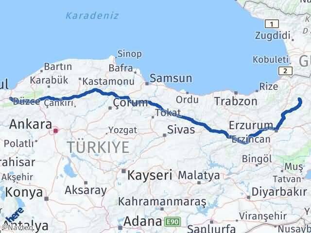 Düzce Olur Erzurum Arası Kaç Km - Yol Haritası