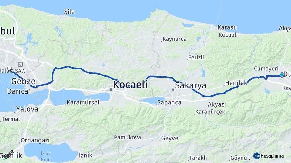 Düzce Pendik İstanbul Arası Kaç Km - Yol Haritası