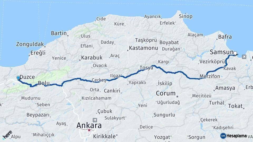 Düzce Samsun Arası Kaç Km - Yol Haritası