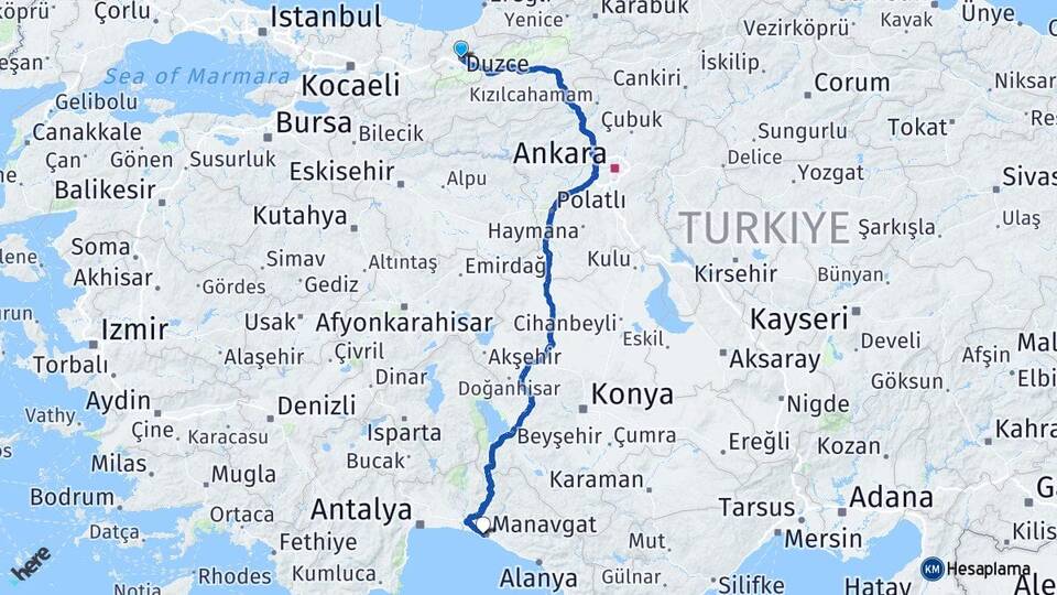 Düzce Side Manavgat Antalya Arası Kaç Km - Yol Haritası