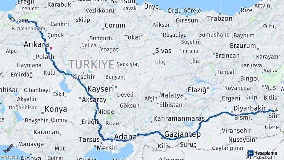 Düzce Siirt Arası Kaç Km - Yol Haritası