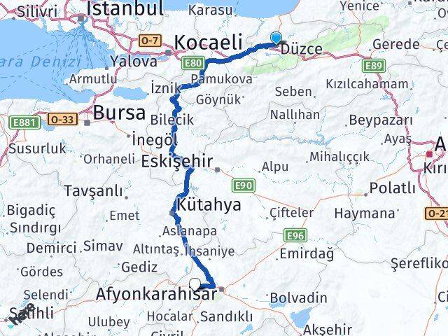 Düzce Sinanpaşa Afyonkarahisar Arası Kaç Km - Yol Haritası