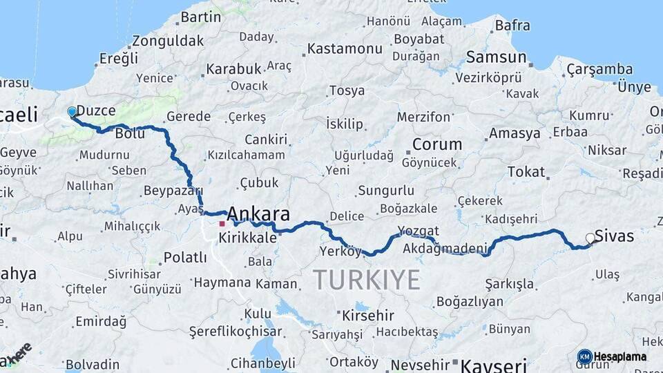 Düzce Sivas Arası Kaç Km - Yol Haritası