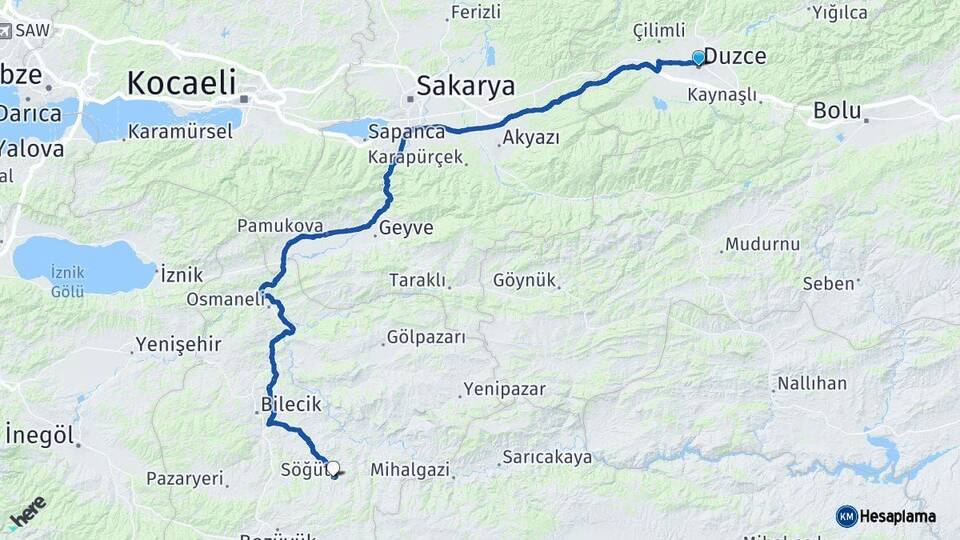 Düzce Söğüt Bilecik Arası Kaç Km - Yol Haritası