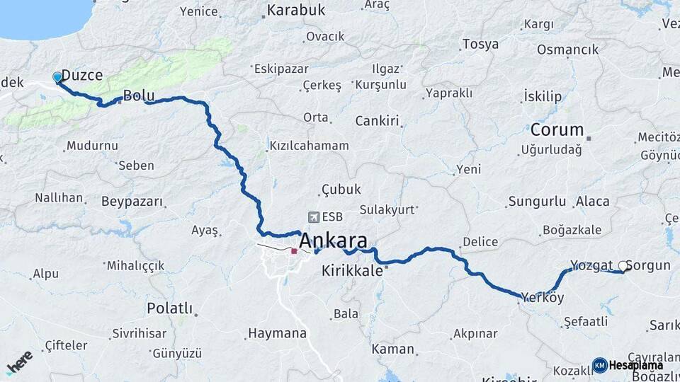 Düzce Sorgun Yozgat Arası Kaç Km - Yol Haritası