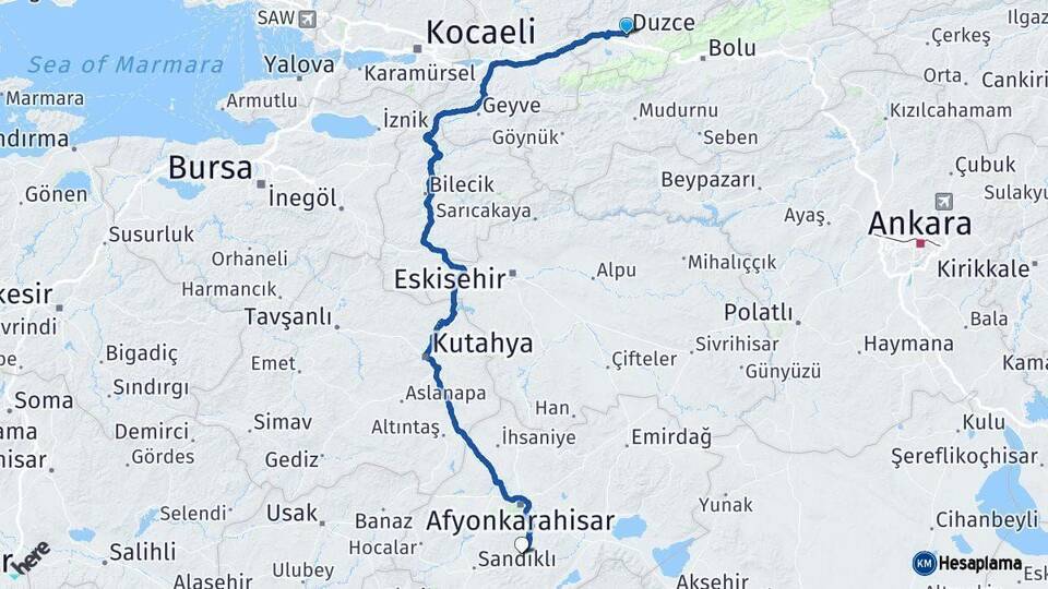 Düzce Şuhut Afyonkarahisar Arası Kaç Km - Yol Haritası