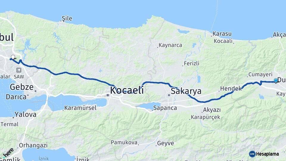 Düzce Sultanbeyli İstanbul Arası Kaç Km - Yol Haritası