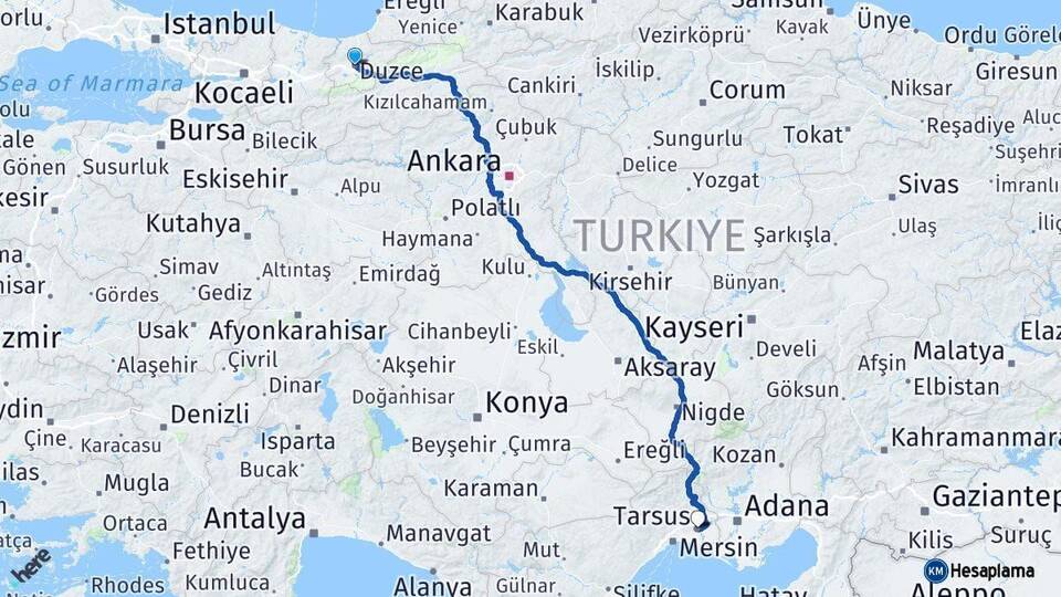Düzce Tarsus Mersin Arası Kaç Km - Yol Haritası