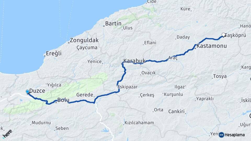 Düzce Taşköprü Kastamonu Arası Kaç Km - Yol Haritası