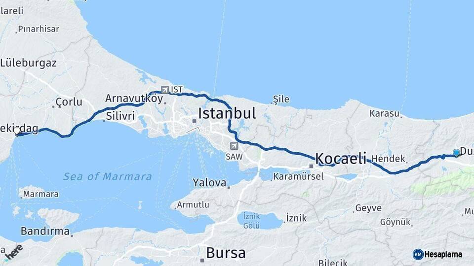 Düzce Tekirdağ Arası Kaç Km - Yol Haritası