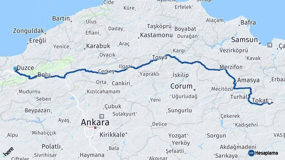 Düzce Tokat Arası Kaç Km - Yol Haritası