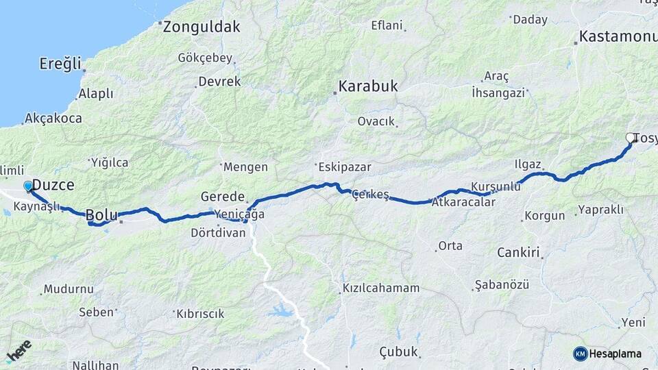 Düzce Tosya Kastamonu Arası Kaç Km - Yol Haritası