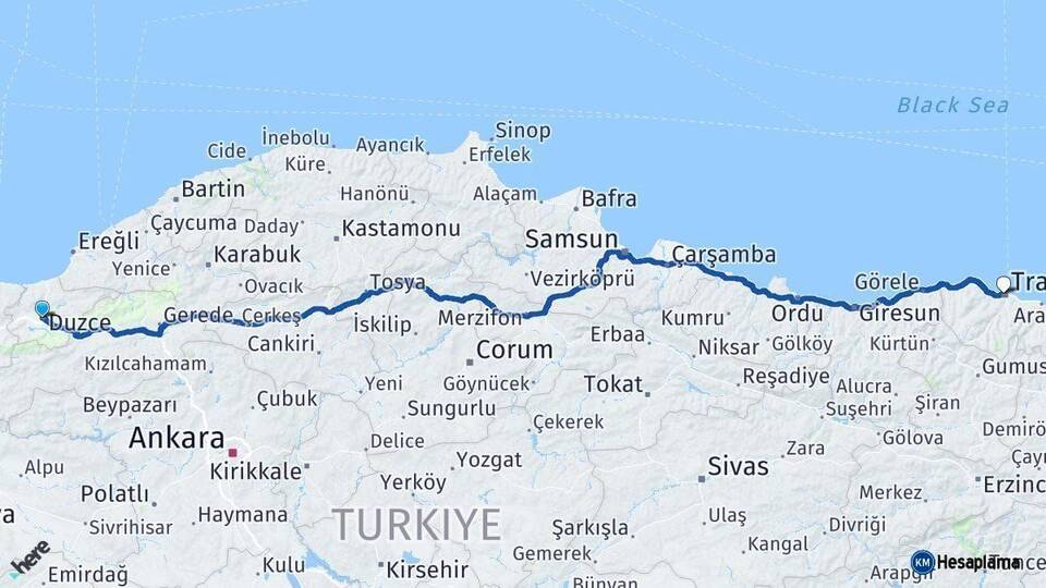 Düzce Trabzon Arası Kaç Km - Yol Haritası