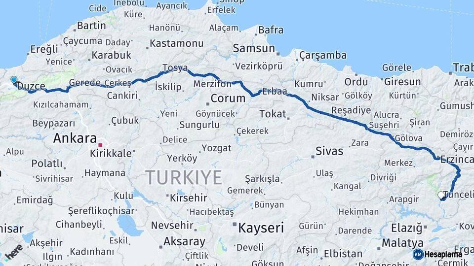 Düzce Tunceli Arası Kaç Km - Yol Haritası