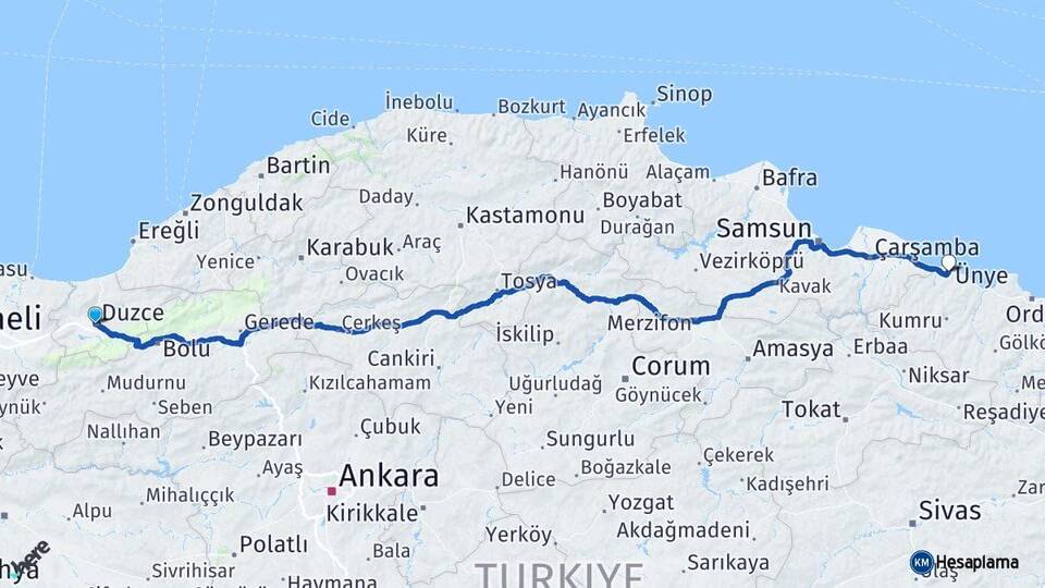 Düzce Ünye Ordu Arası Kaç Km - Yol Haritası