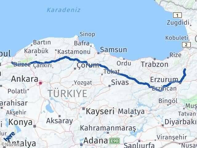 Düzce Uzundere Erzurum Arası Kaç Km - Yol Haritası