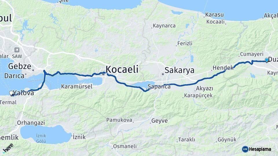 Düzce Yalova Arası Kaç Km - Yol Haritası