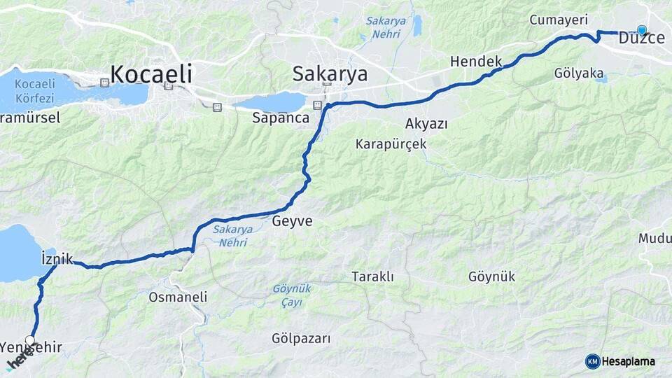 Düzce Yenişehir Bursa Arası Kaç Km - Yol Haritası