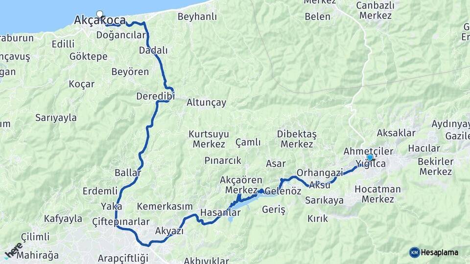 Düzce Yığılca Akçakoca Arası Kaç Km - Yol Haritası