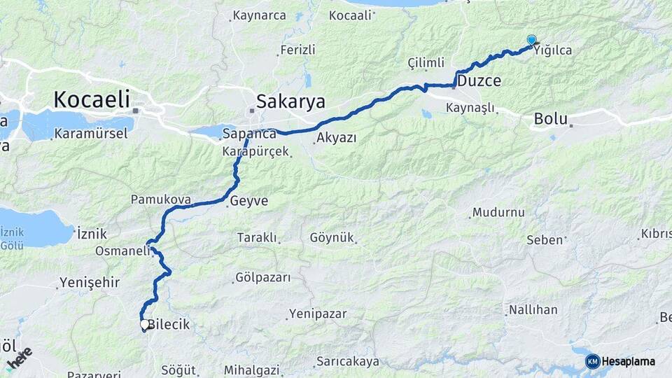 Düzce Yığılca Bilecik Arası Kaç Km - Yol Haritası