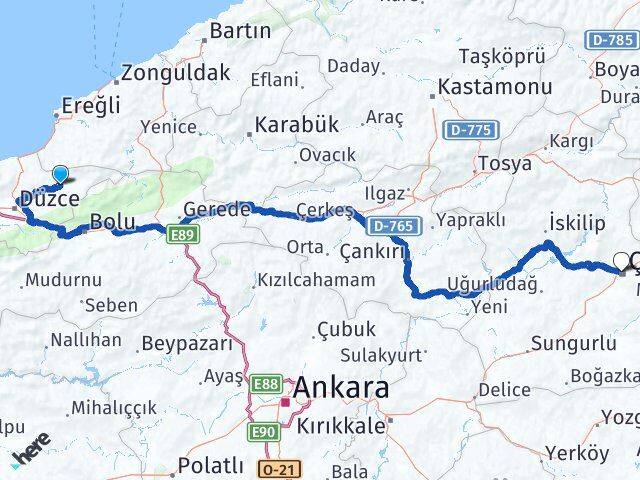 Düzce Yığılca Çorum Arası Kaç Km - Yol Haritası