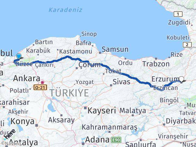 Düzce Yığılca Erzurum Arası Kaç Km - Yol Haritası