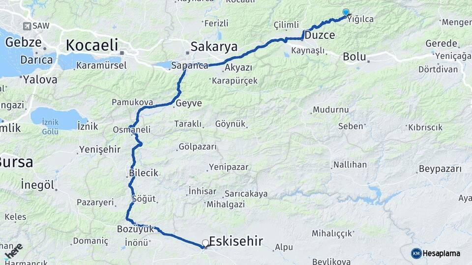 Düzce Yığılca Eskişehir Arası Kaç Km - Yol Haritası