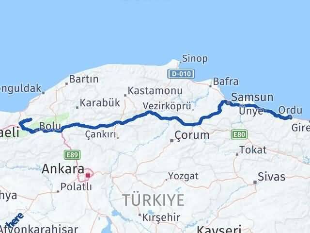 Düzce Yığılca Ordu Arası Kaç Km - Yol Haritası