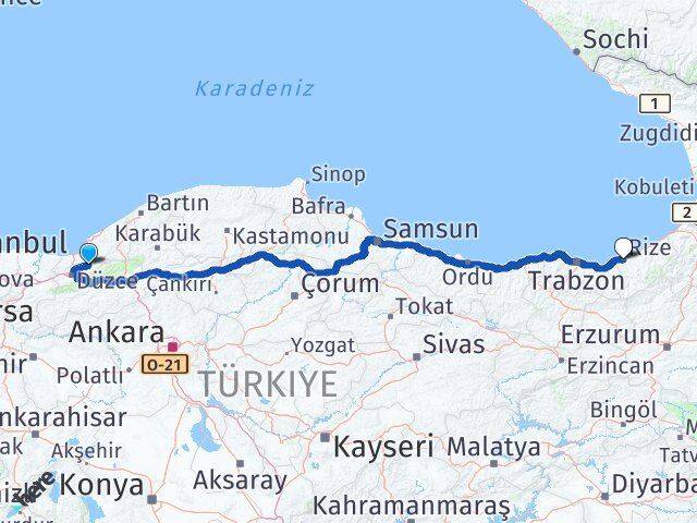 Düzce Yığılca Rize Arası Kaç Km - Yol Haritası