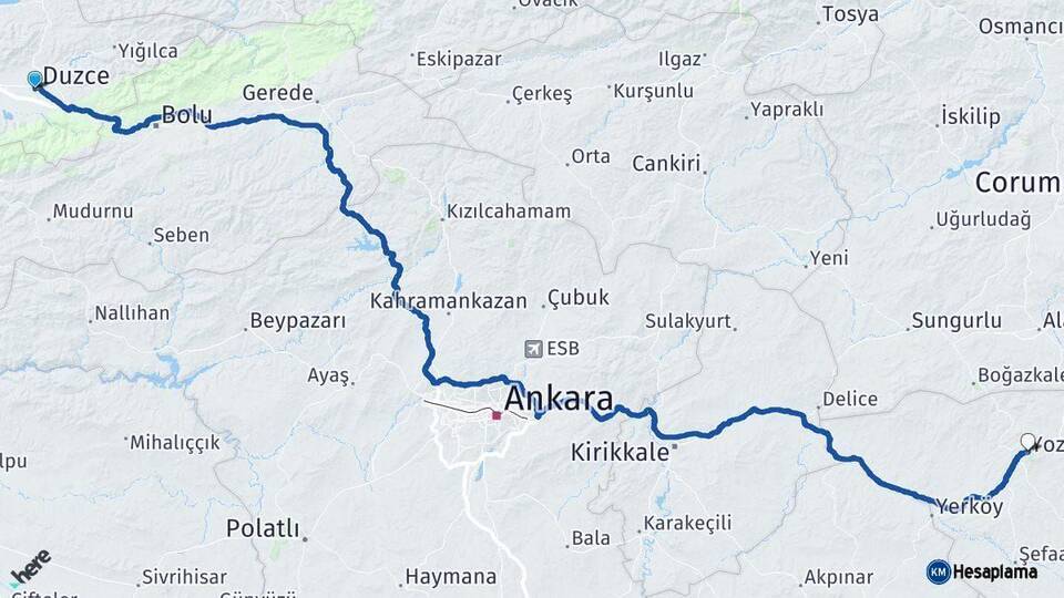 Düzce Yozgat Arası Kaç Km - Yol Haritası