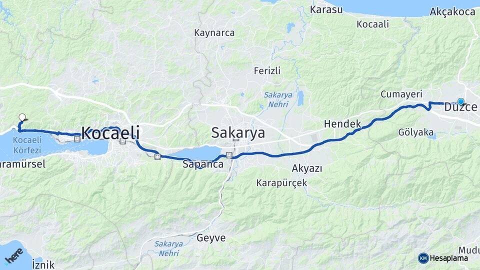Düzce Yukarı Hereke Körfez Kocaeli Arası Kaç Km - Yol Haritası
