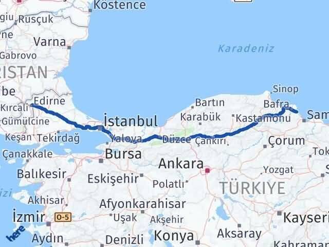Edirne 19 Mayıs Samsun Arası Kaç Km - Yol Haritası