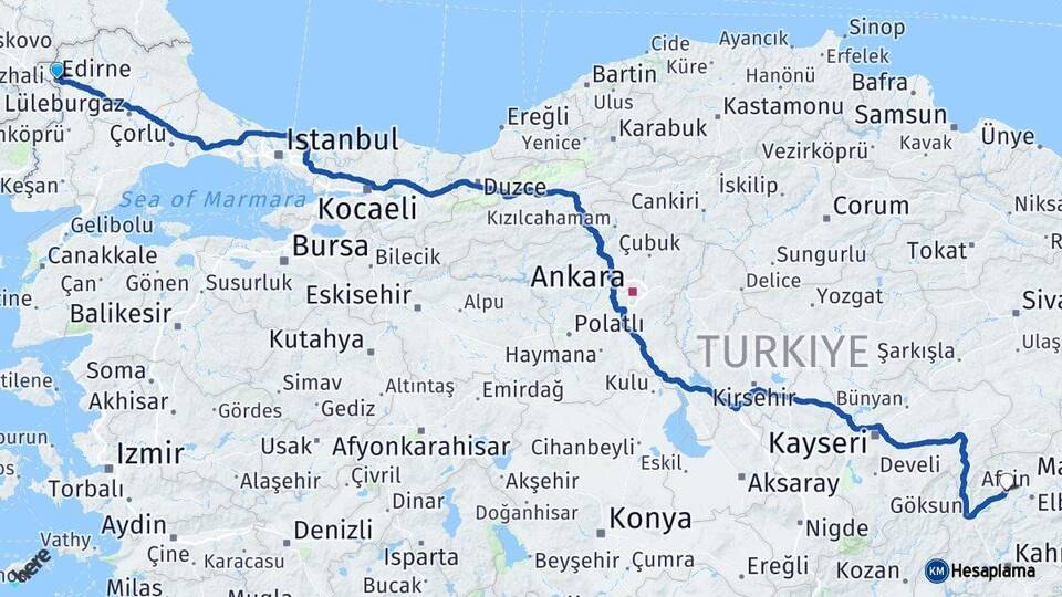 Edirne Afşin Kahramanmaraş Arası Kaç Km - Yol Haritası