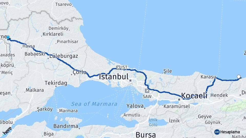 Edirne Akçakoca Düzce Arası Kaç Km - Yol Haritası