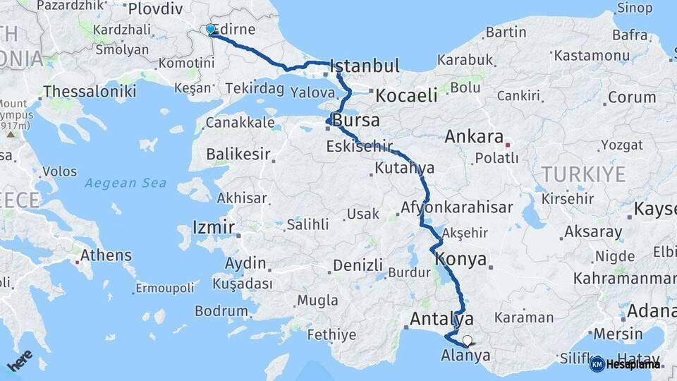 Edirne Alanya Antalya Arası Kaç Km - Yol Haritası