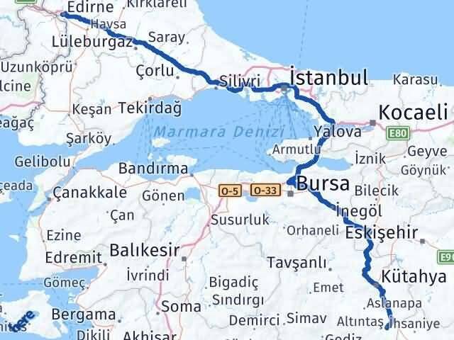 Edirne Altıntaş Kütahya Arası Kaç Km - Yol Haritası