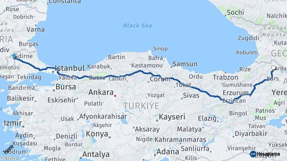 Edirne Ardahan Arası Kaç Km - Yol Haritası