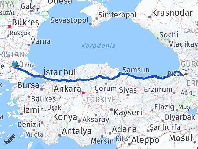 Edirne Ardanuç Artvin Arası Kaç Km - Yol Haritası