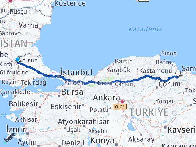 Edirne Asarcık Samsun Arası Kaç Km - Yol Haritası