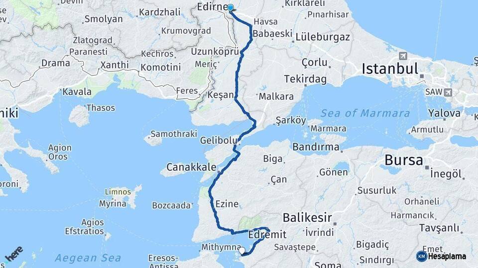 Edirne Ayvalık Balıkesir Arası Kaç Km - Yol Haritası