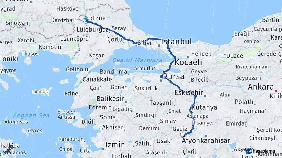 Edirne Banaz Uşak Arası Kaç Km - Yol Haritası
