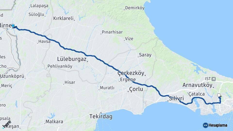 Edirne Başakşehir İstanbul Arası Kaç Km - Yol Haritası