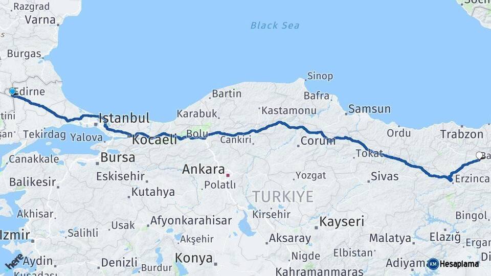 Edirne Bayburt Arası Kaç Km - Yol Haritası