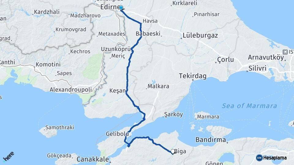 Edirne Biga Çanakkale Arası Kaç Km - Yol Haritası