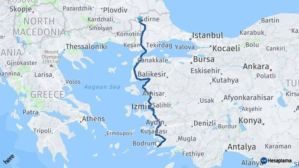 Edirne Bodrum Muğla Arası Kaç Km - Yol Haritası