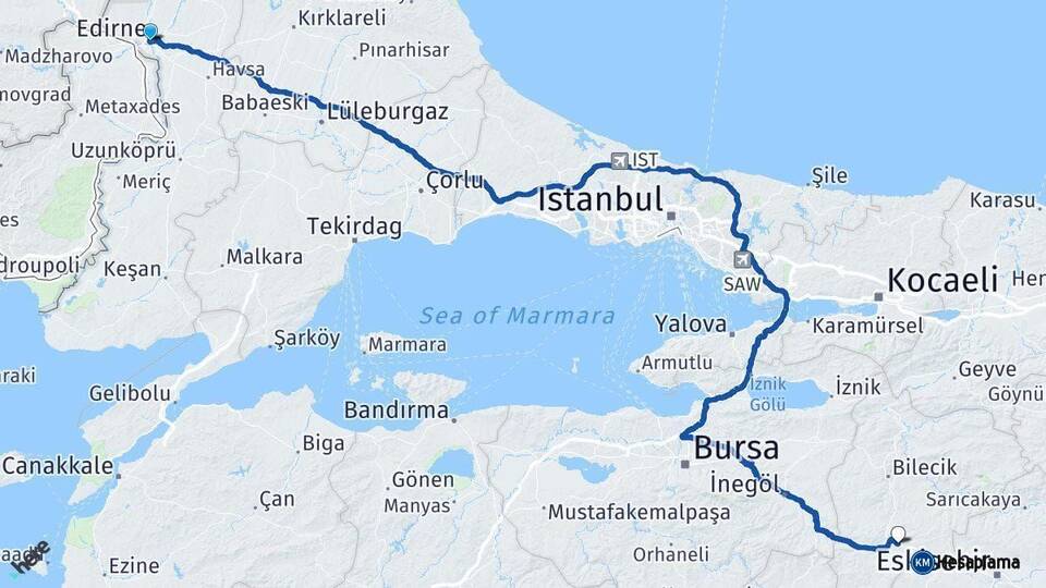 Edirne Bozüyük Bilecik Arası Kaç Km - Yol Haritası